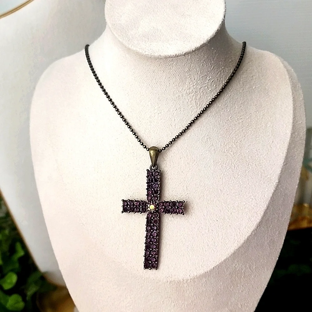 Brass Purple Crystal Cross Pendant on 18